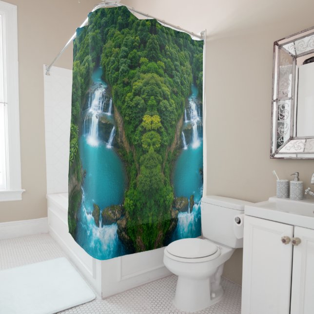 "Tropical Tranquility – Cascading Waterfall  Shower Curtain (In Situ)