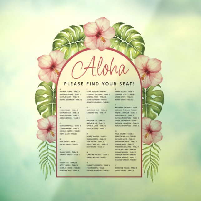 Tropical Transparent Alphabetical Seating Chart  Window Cling (Sheet 3)