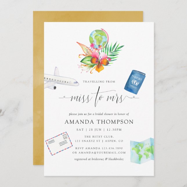 Tropical Traveling From Miss To Mrs Bridal Shower Invitation (Front/Back)