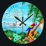 Tropical Travels Large Clock<br><div class="desc">Digital artwork of a tropical beach with a macaw parrot perched on a guitar and a Albatross seaplane in the bay.</div>