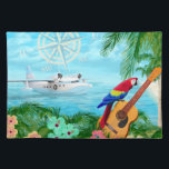 Tropical Travels Placemat<br><div class="desc">Digital artwork of a tropical beach with a macaw parrot perched on a guitar and a Albatross seaplane in the bay.</div>