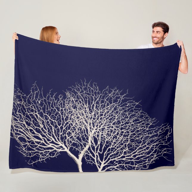 Tropical Tree Coral White Navy Blue Beach Fleece Blanket (In Situ)