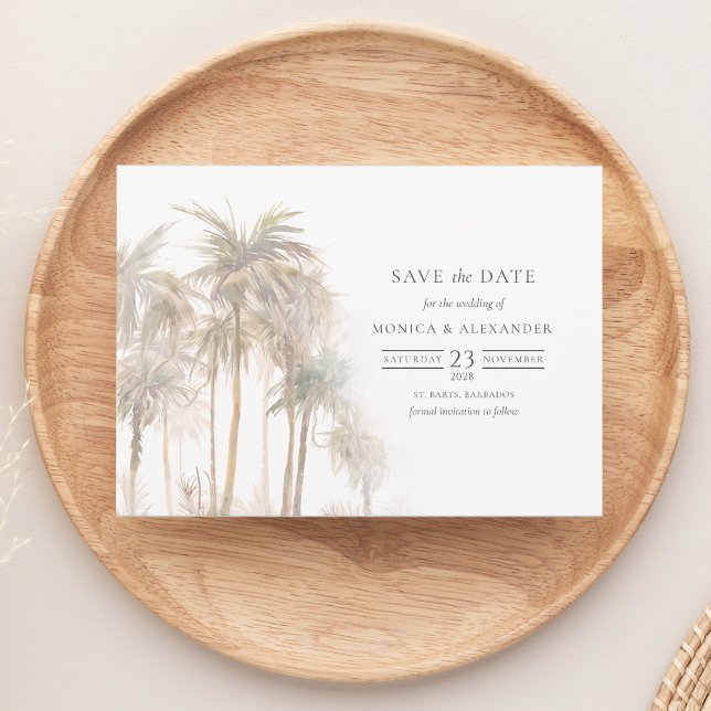 Tropical Trees Typography Save The Date (Simple Palm Tree Tropical Watercolor Save the Date Wedding Announcement)