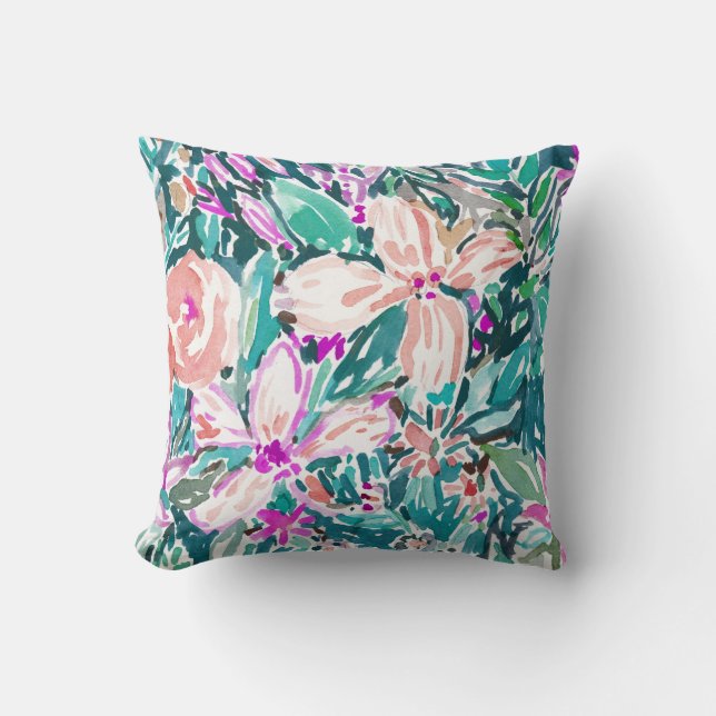 TROPICAL TREK Floral Watercolor 2-SIDED Throw Pillow (Front)