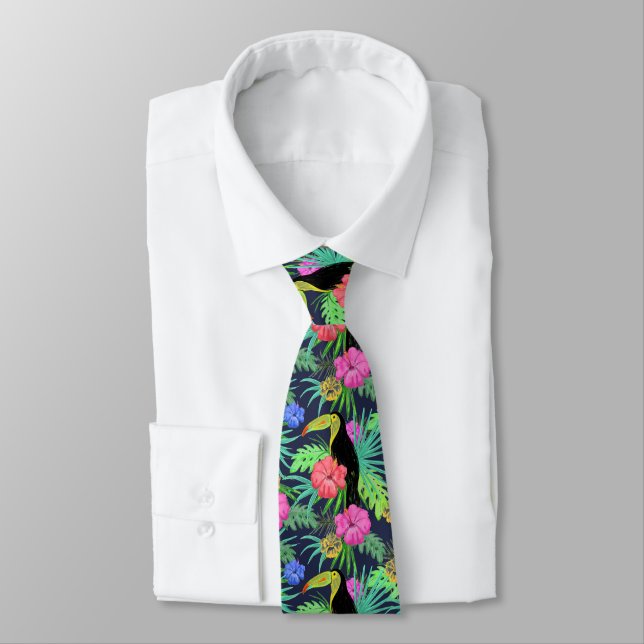 Tropical Tucan and Leaves Rainforest Neck Tie (Tied)