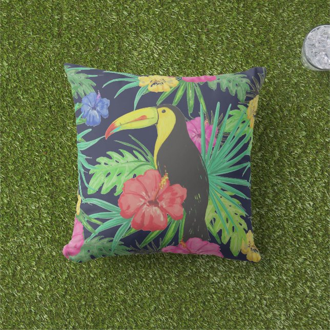 Tropical Tucan and Leaves Rainforest Outdoor Pillow (Grass)