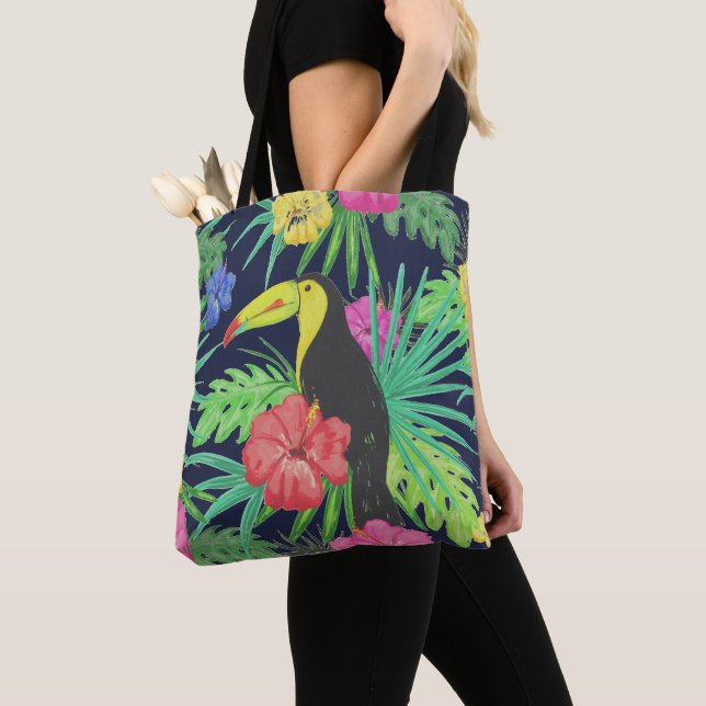 Tropical Tucan and Leaves Rainforest Tote Bag (Close Up)