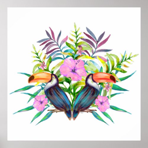 Tropical tucan birds and pink flowers poster