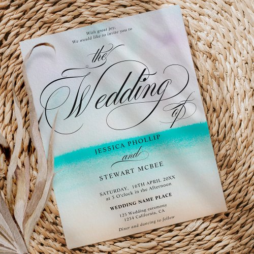 Tropical turquoise beach ombre calligraphy wedding invitation