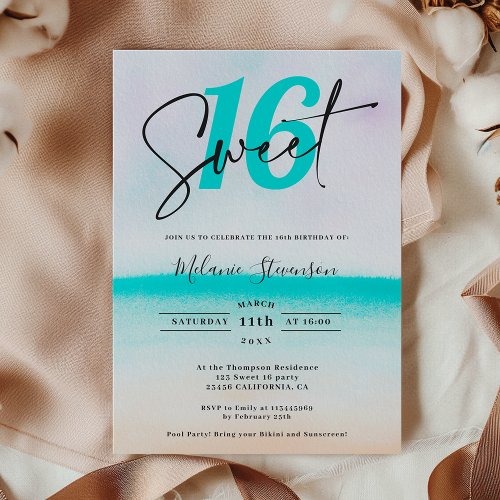 Tropical turquoise beach ombre script sweet 16 invitation