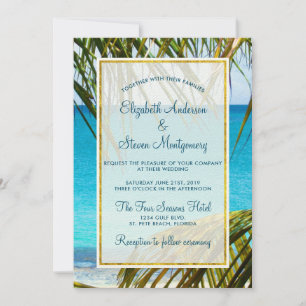 Tropical Turquoise Beach Wedding with Palm Fronds Invitation