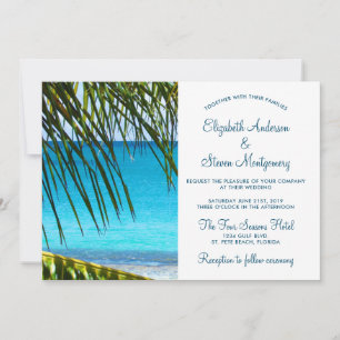 Tropical Turquoise Beach Wedding with Palm Fronds Invitation