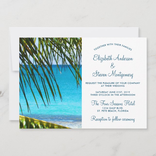 Tropical Turquoise Beach Wedding with Palm Fronds Invitation (Front)