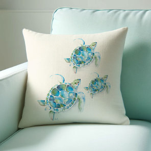 Tropical Turquoise Blue Sea Turtle Watercolor Throw Pillow