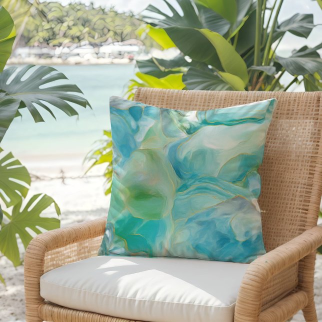 Tropical Turquoise Gemstone Watercolor Coastal Throw Pillow (Creator Uploaded)