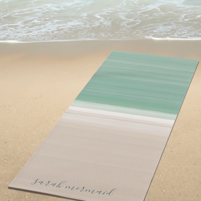 Tropical Turquoise Ocean Beach Name Yoga Mat (Add your name to this turquoise and sand yoga mat and off to the beach you go)