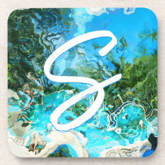 Tropical Turquoise Ocean Blue & Seaweed Green Beve Beverage Coaster
