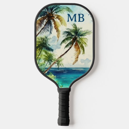 Tropical Turquoise Ocean Palm Trees Beach Monogram Pickleball Paddle