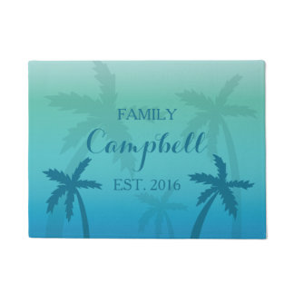 Tropical Turquoise Palm Trees With Family Name Doormat