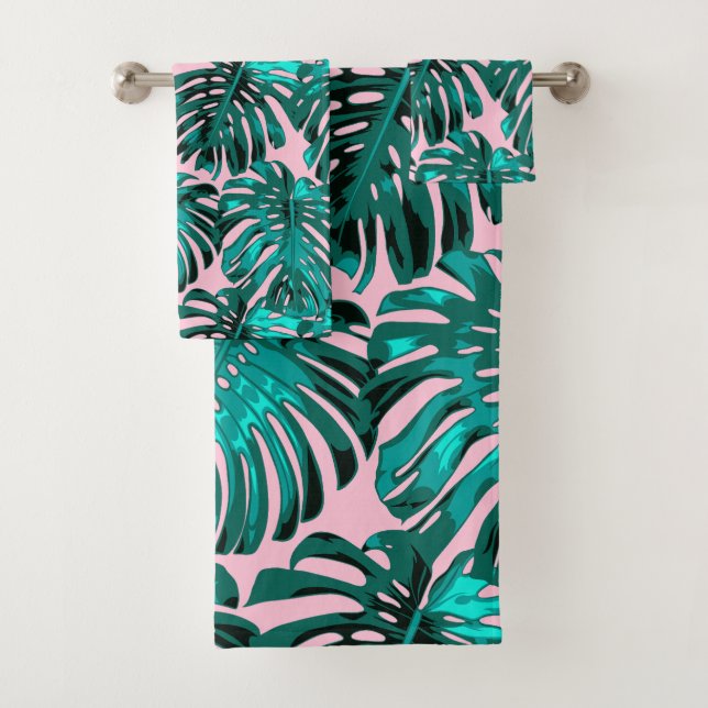 Tropical Turquoise Pink Monstera Jungle Leaves Bath Towel Set (Insitu)