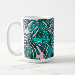 Tropical Turquoise Pink Monstera Jungle Leaves Coffee Mug