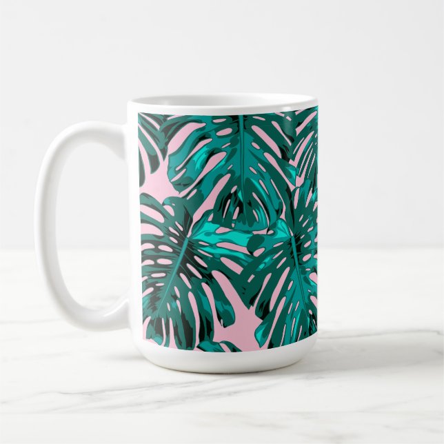 Tropical Turquoise Pink Monstera Jungle Leaves Coffee Mug (Left)