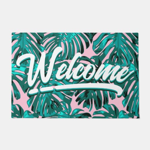 Tropical Turquoise Pink Monstera Jungle Leaves Doormat