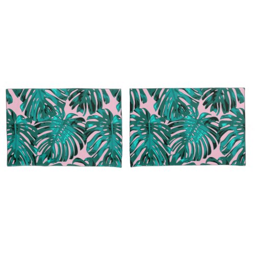 Tropical Turquoise Pink Monstera Jungle Leaves Pillow Case