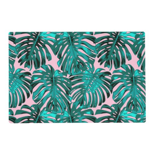 Tropical Turquoise Pink Monstera Jungle Leaves Placemat