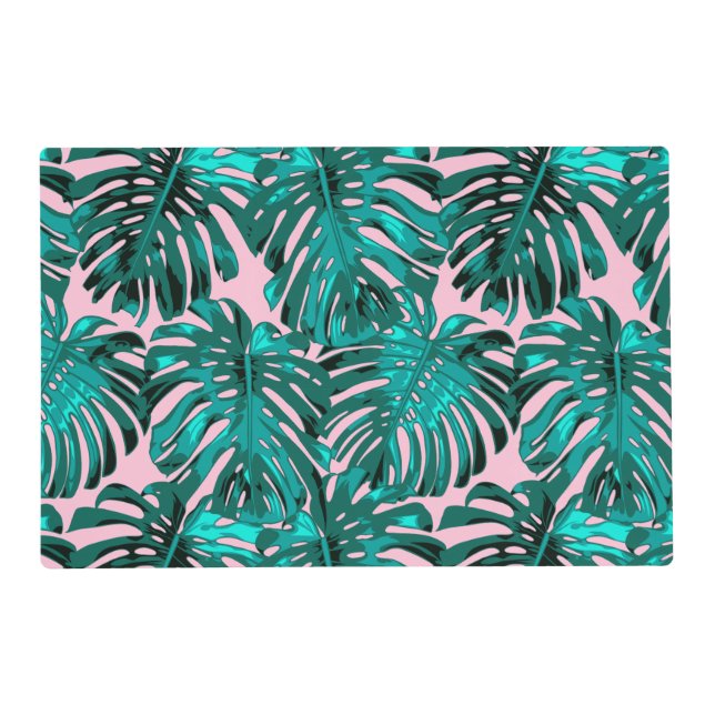 Tropical Turquoise Pink Monstera Jungle Leaves Placemat (Front)