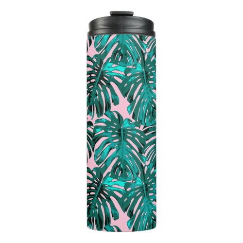 Tropical Turquoise Pink Monstera Jungle Leaves Thermal Tumbler
