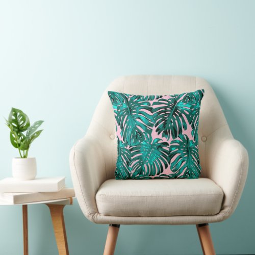 Tropical Turquoise Pink Monstera Jungle Leaves Throw Pillow