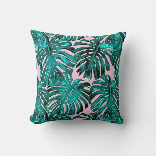 Tropical Turquoise Pink Monstera Jungle Leaves Throw Pillow