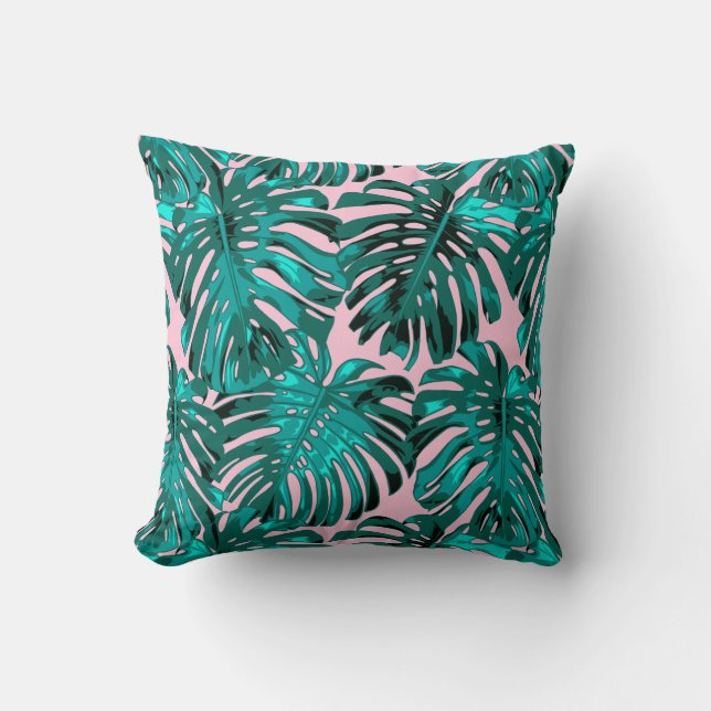 Tropical Turquoise Pink Monstera Jungle Leaves Throw Pillow (Front)