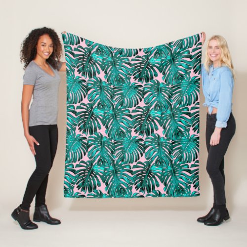 Tropical Turquoise Pink Palm Jungle Leaves Fleece Blanket