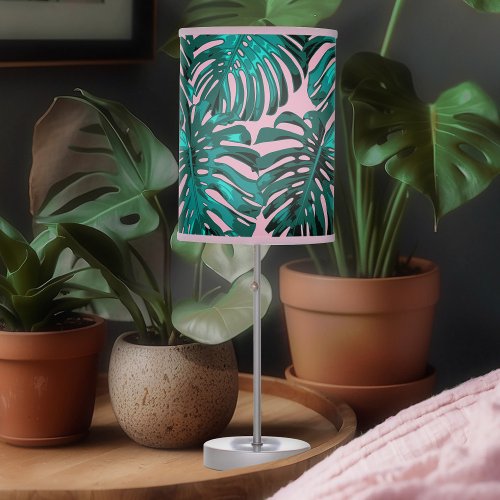 Tropical Turquoise Pink Palm Leaves Pattern Table Lamp