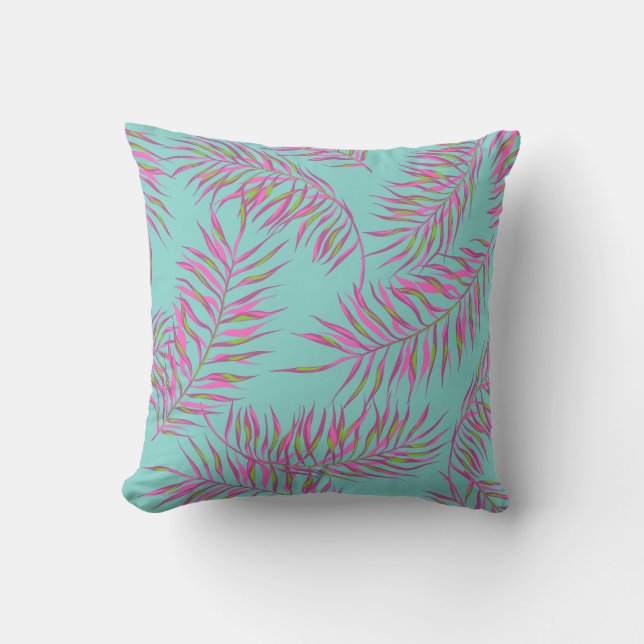 Tropical Turquoise Pink Palm Tree Beach House Throw Pillow (Front)