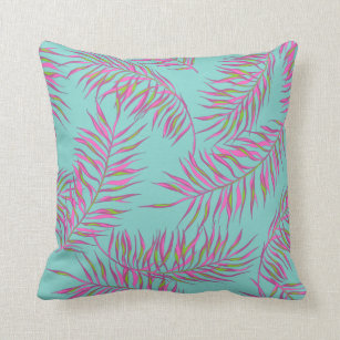 Tropical Turquoise Pink Palm Tree Beach House Throw Pillow
