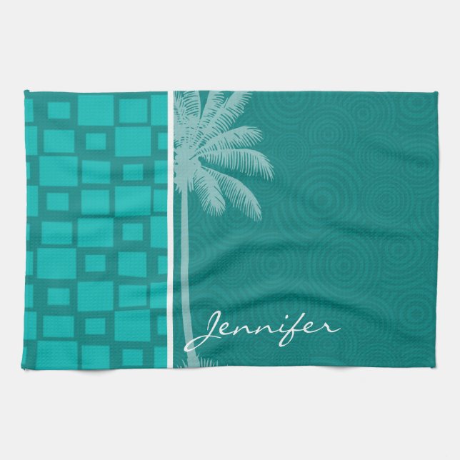 Tropical Turquoise Squares Kitchen Towel (Horizontal)