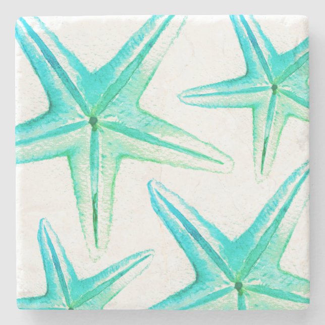 Tropical Turquoise Starfish Tropical Fish Stone Coaster (Front)