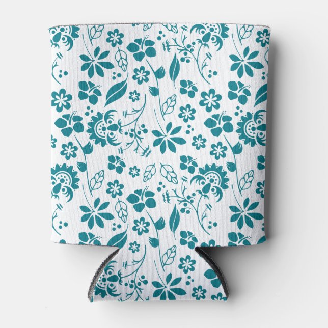 Tropical Turquoise Teal Blue Floral Pattern Can Cooler (Front)