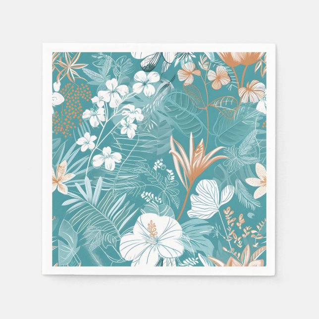 Tropical Turquoise & Terracotta Hibiscus Floral  Napkins (Front)
