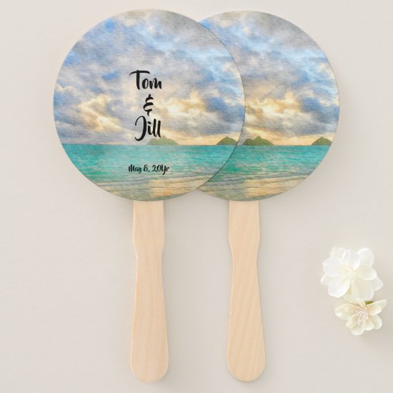 Tropical Turquoise Watercolor Paradise Wedding Hand Fan
