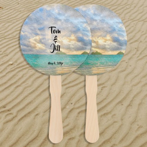 Tropical Turquoise Watercolor Paradise Wedding Hand Fan