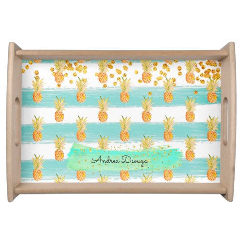 Tropical Turquoise White Pineapple Glitter Gold Serving Tray