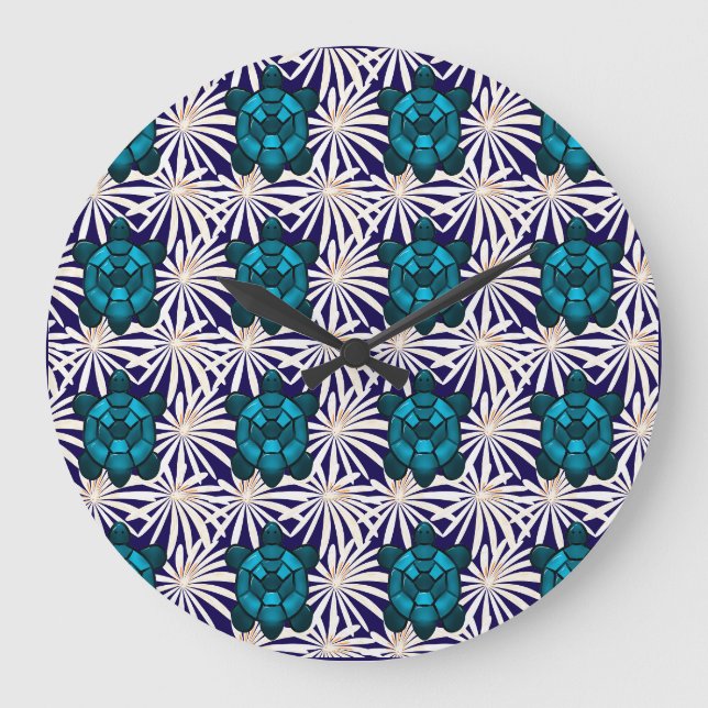 Tropical Turtle Floral Pattern Seamless Sea Turtle Large Clock (Front)