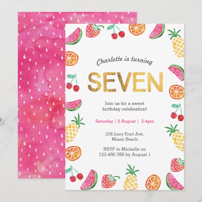 Tropical Tutti Fruitt Gold 6th Birthday Invitation (Front/Back)