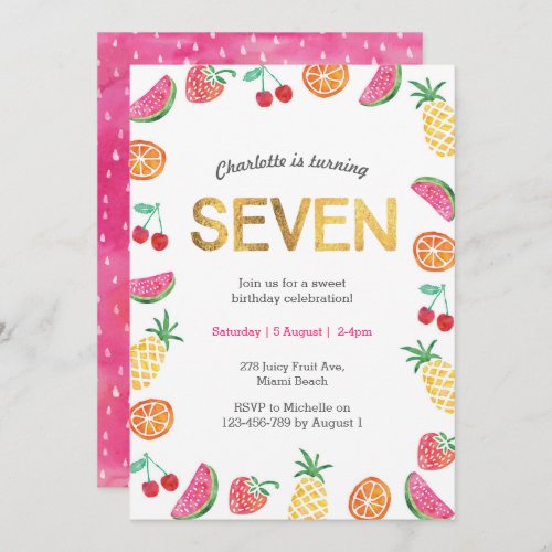 Tropical Tutti Fruitt Gold 6th Birthday Invitation