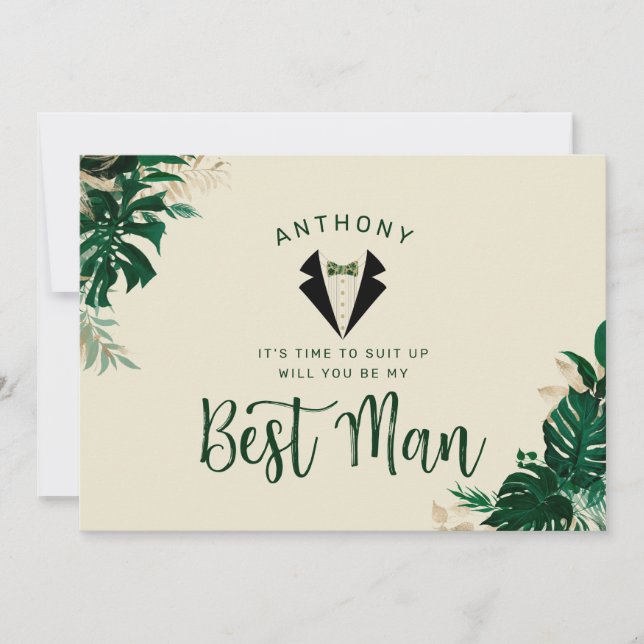 Tropical Tuxedo & Bow Tie Best Man Proposal Card (Front)