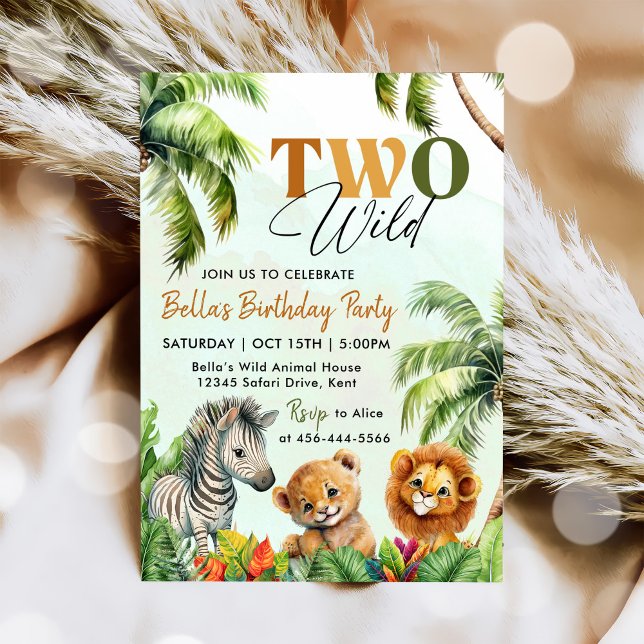 Tropical Two Wild Jungle Safari Animals Birthday Invitation (Creator Uploaded)